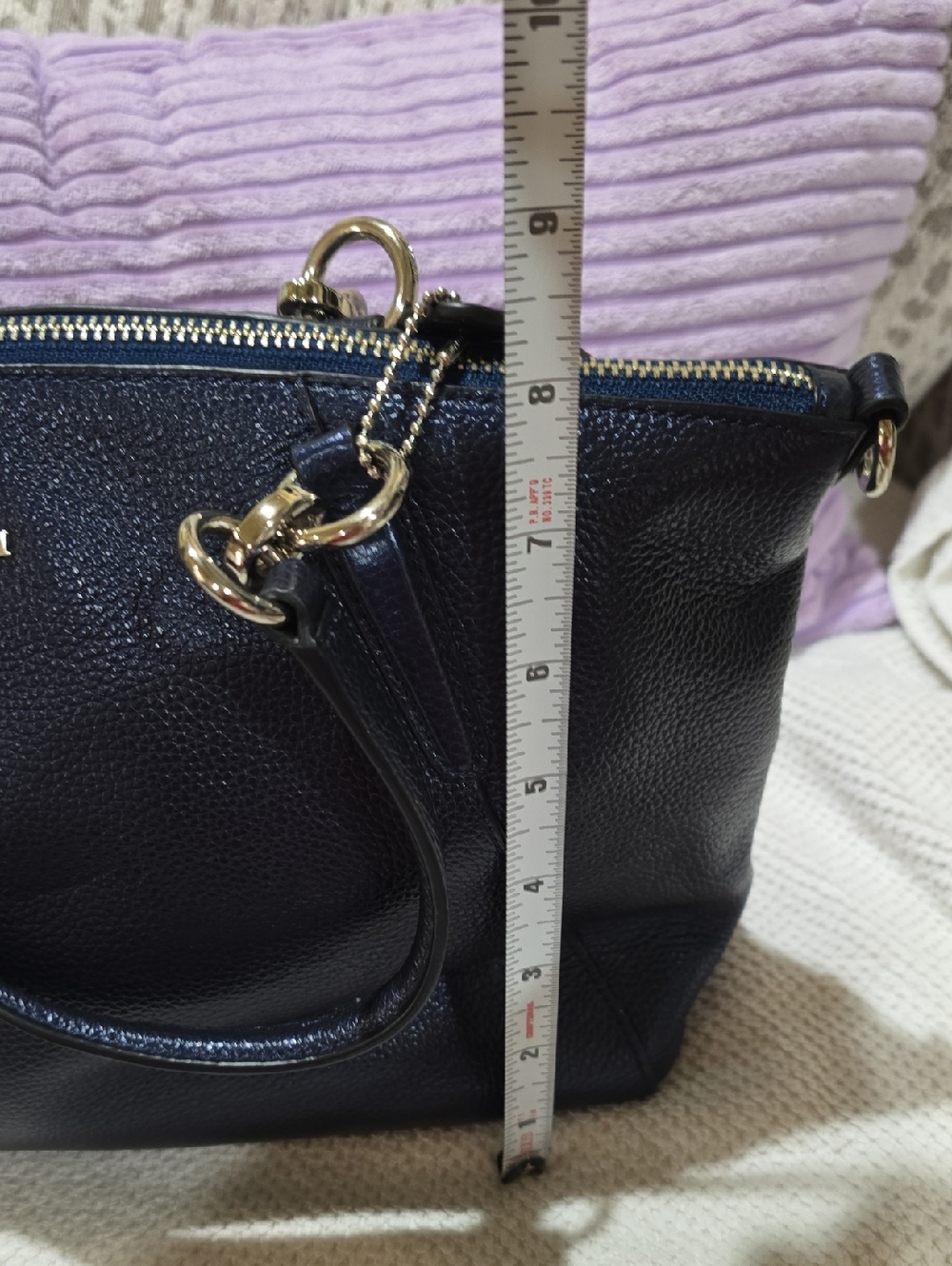 Coach Pebbled Leather Shoulder Satchel - Metallic Navy Blue - Picture 14 of 15
